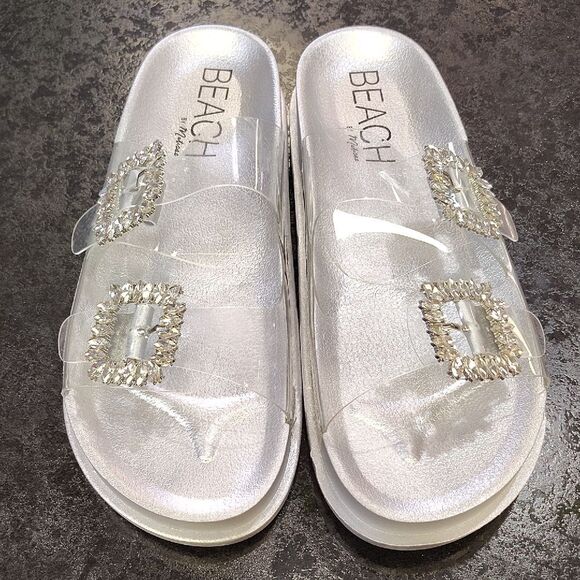 Beach Riot Silver Slide Sandals with Rhinestone Accents - Picture 1 of 6